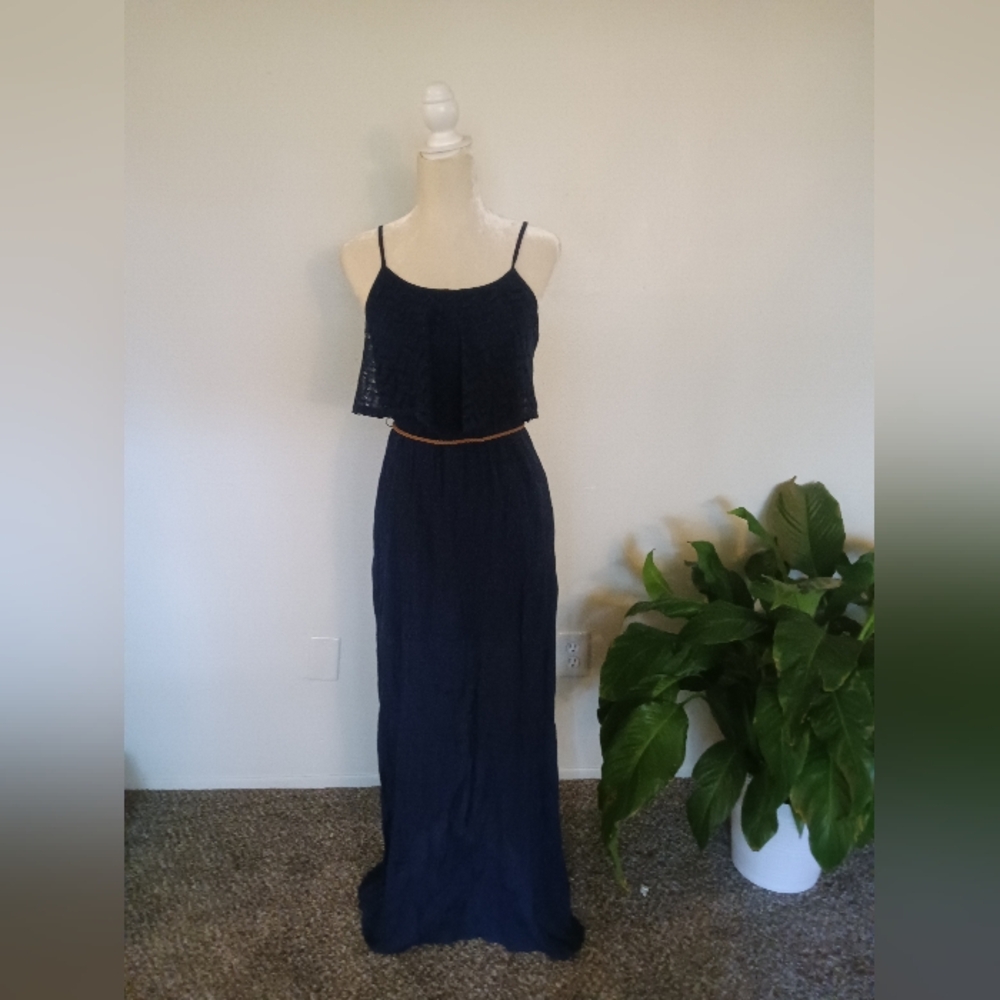 Blue A-line dress with brown belt